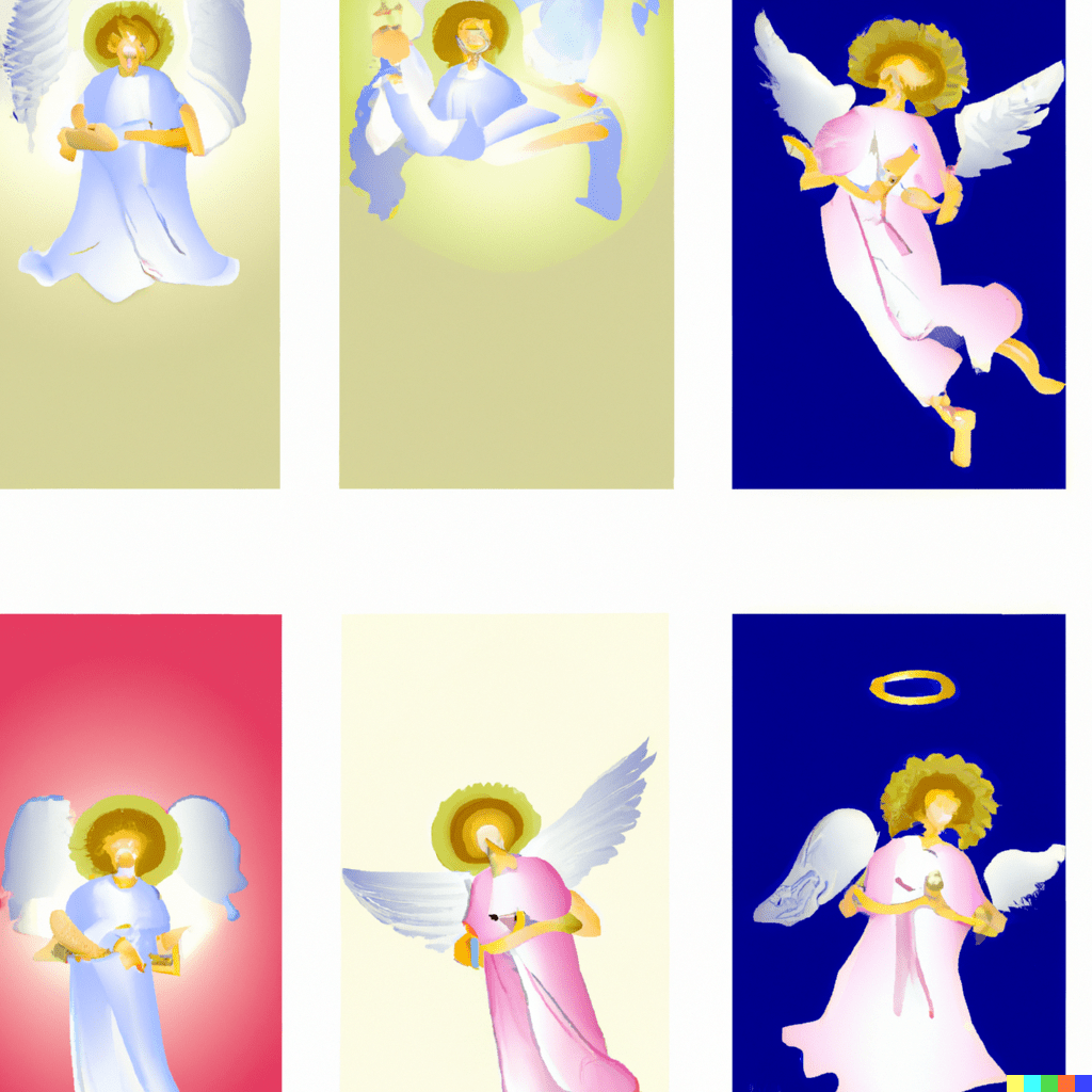 6 Engelkarten in unterschiedlichen Farben sind in einem Viereck geglidert