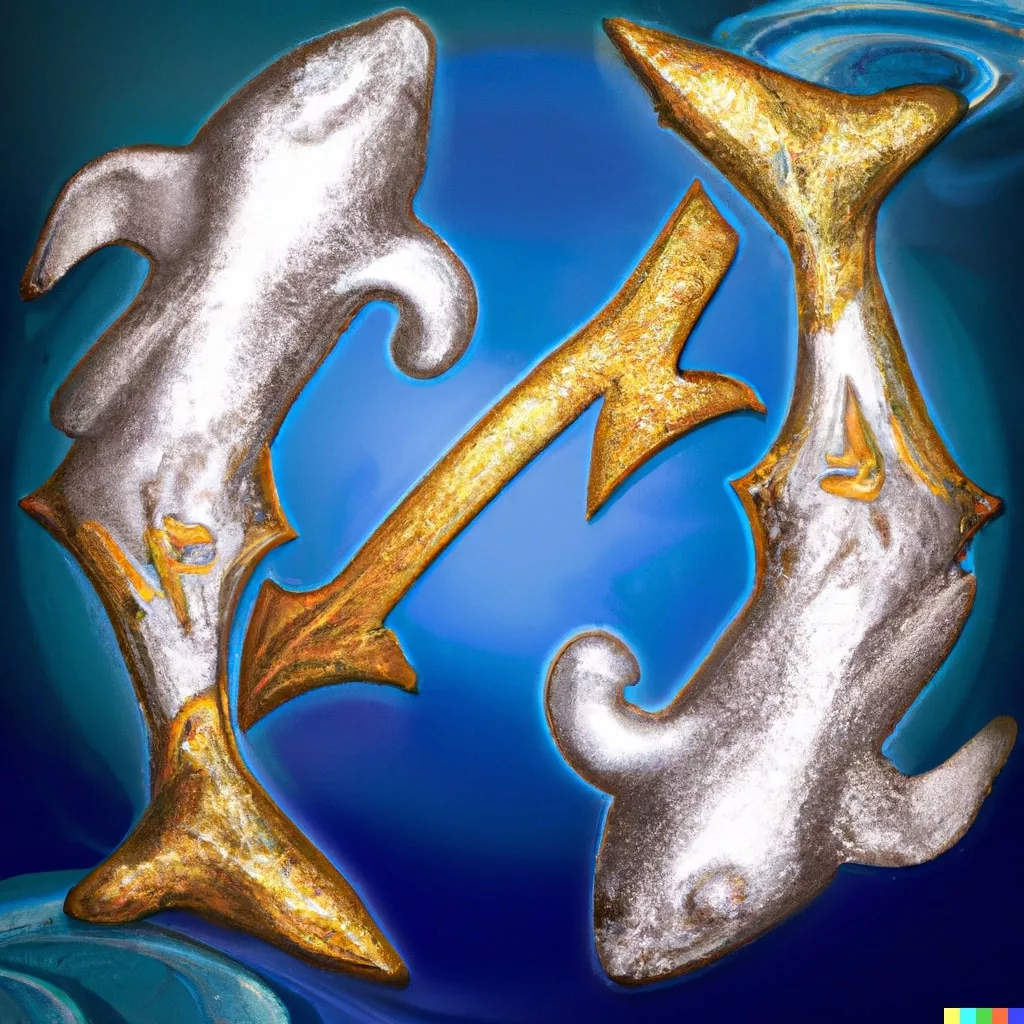 Das Bild zeigt das Symbol für das Sternzeichen Fische im Horoskop. Es besteht aus zwei gegenüberliegenden Halbkreisen, die durch eine waagerechte Linie verbunden sind. Der obere Halbkreis symbolisiert den Kopf und das Denken, während der untere Halbkreis den Körper und die Emotionen darstellt. Die waagerechte Linie symbolisiert die Verbindung zwischen diesen beiden Aspekten und die Fähigkeit der Fische, diese beiden Welten zu vereinen. Das Symbol für die Fische im Horoskop ist ein Hinweis auf die intuitive Natur dieses Sternzeichens, das für Kreativität, Empfindsamkeit und spirituelle Tiefe steht.