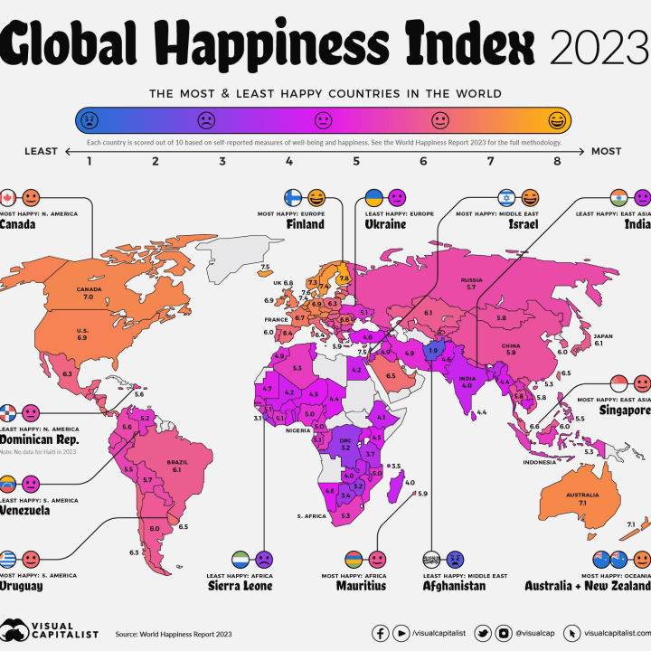 Karte der glücklichsten Länder der Welt.